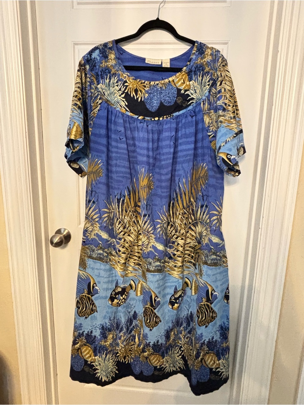 Cotton Blue & Gold Tropical Fish Print Dress by Phases 3X